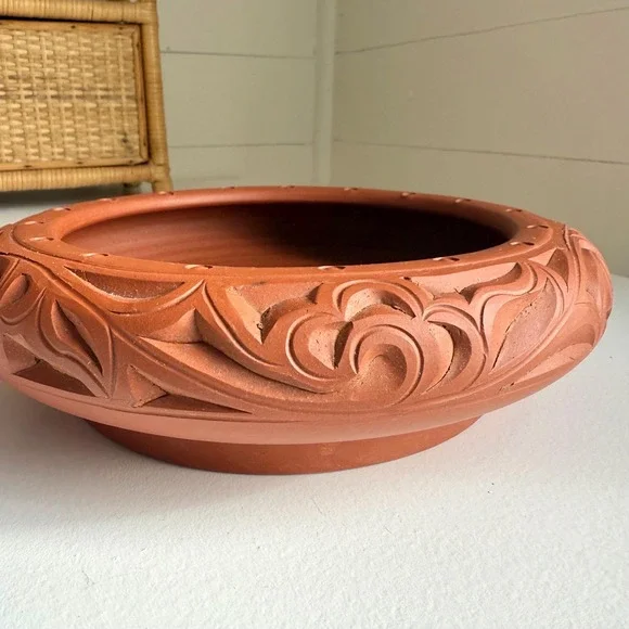 Vintage Bonsai Planter Unglazed Carved Bowl Terra Cotta Clay Bowl Succulent Pot - Picture 8 of 17